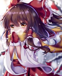 Rule 34 | 1girl, :o, adapted costume, ascot, bare tree, blurry, blurry background, breath, breathing on hands, brown hair, commentary, depth of field, fur-trimmed mittens, fur trim, hair between eyes, hair blowing, hair tubes, hakurei reimu, highres, long hair, long sleeves, looking at viewer, mittens, outdoors, ponytail, red eyes, red mittens, red skirt, red vest, ribbon-trimmed sleeves, ribbon trim, scarf, sidelocks, skirt, skirt set, snowing, solo, standing, touhou, tree, unory, upper body, vest, white sleeves, wide sleeves, wind, wind lift, winter, yellow ascot, yellow scarf
