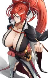 Rule 34 | 1girl, absurdres, amputee, baiken, big hair, breasts, eyepatch, facial tattoo, guilty gear, guilty gear strive, hair ornament, highres, holding, holding smoking pipe, huge breasts, japanese clothes, katana, kimono, long hair, open clothes, open kimono, red eyes, red hair, scar, scar across eye, scar on face, simple background, smoke, smoking, smoking pipe, solo, souma (so u maaaaa), sword, tattoo, weapon