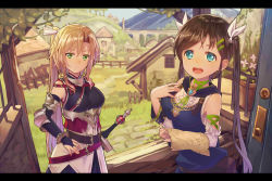 Rule 34 | 2girls, :d, bare shoulders, belt, blonde hair, blue eyes, breasts, brown hair, day, fantasy, green eyes, hair ornament, hairclip, hand on own chest, holding, house, kibamigohann, letterboxed, long hair, looking at viewer, map, medium breasts, multiple girls, open mouth, original, outdoors, parted lips, ponytail, pouch, sidelocks, smile, standing, teeth, twintails, vambraces