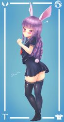Rule 34 | 1girl, absurdres, animal ears, ass, black shirt, black skirt, black thighhighs, blue background, blush, curly hair, elin, from behind, full body, hand to own mouth, haron, highres, legs, long hair, looking back, miniskirt, no panties, no shoes, purple eyes, purple hair, rabbit ears, rabbit tail, school uniform, serafuku, shirt, simple background, skirt, solo, tail, tera online, thighhighs, thighs