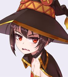 Rule 34 | 1girl, absurdres, black collar, breasts, brown hair, brown hat, cleavage, collar, dress, hat, highres, kono subarashii sekai ni shukufuku wo!, locomixt1, megumin, open mouth, red dress, red eyes, short hair, simple background, small breasts, solo, white background, witch hat