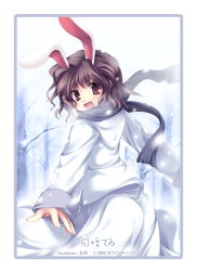 Rule 34 | 1girl, absurdres, animal ears, bow, branch, brown hair, rabbit ears, coat, female focus, forest, hair bow, happy, highres, inaba tewi, looking back, nature, open mouth, outdoors, outstretched arms, red eyes, scarf, short hair, smile, snow, solo, spread arms, tateha (marvelous grace), touhou, tree, wavy hair, white canvas, winter