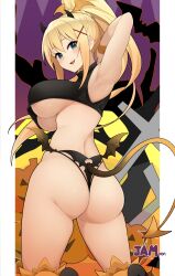 1girl :d alternate_costume arm_up armpits arms_up ass bare_shoulders bikini black_bikini black_gloves blonde_hair blue_eyes blush breasts commentary_request crop_top darkness_(konosuba) demon_girl demon_tail from_behind gloves hair_between_eyes hair_ornament hairclip halloween halloween_costume highres horns jampen kono_subarashii_sekai_ni_shukufuku_wo! large_breasts long_hair looking_at_viewer looking_back navel open_mouth ponytail pumpkin revealing_clothes sidelocks smile solo standing swimsuit tail thighhighs thighs thong thong_bikini underboob very_long_hair