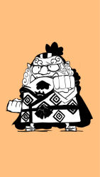 Rule 34 | 1boy, arm up, beard, blacknirrow, cape, chibi, clenched hands, closed mouth, facial hair, facial mark, fighting stance, full body, japanese clothes, jinbe (one piece), kimono, legs apart, long sleeves, male focus, monochrome, one piece, orange background, outstretched arm, pointy ears, sandals, sash, short hair, simple background, sketch, solo, standing, topknot, tusks
