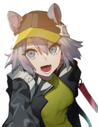Rule 34 | 1girl, arknights, backpack, bag, baseball cap, black hat, black jacket, blue eyes, click (arknights), commentary request, eyebrows hidden by hair, grey hair, hat, jacket, mirin chikuwa, open mouth, selfie, shirt, simple background, solo, two-tone headwear, white background, yellow hat, yellow shirt