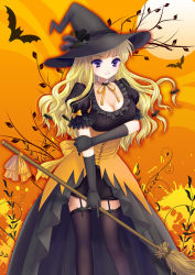 Rule 34 | 1girl, adapted costume, alha, alternate costume, arm hug, bat (animal), bat hair ornament, black gloves, black thighhighs, blonde hair, breasts, broom, choker, cleavage, female focus, frilled sleeves, frills, garter straps, gloves, hair ornament, halloween, hat, large breasts, long hair, looking at viewer, puffy short sleeves, puffy sleeves, pumpkin, purple eyes, ribbon choker, short sleeves, smile, solo, standing, thighhighs, touhou, witch, witch hat, yakumo yukari