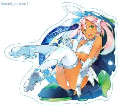 Rule 34 | 1girl, :d, animal ears, bare shoulders, blush, breasts, rabbit ears, circle name, dark skin, dark-skinned female, elbow gloves, fake animal ears, gloves, green eyes, hair ornament, hat, headphones, legs up, looking at viewer, momi, open mouth, original, panties, pantyshot, pink hair, sitting, smile, solo, twintails, twitter username, underboob, underwear, white gloves, white panties