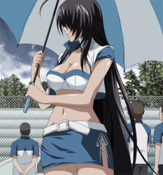 Rule 34 | 00s, 1girl, 3boys, ahoge, antenna hair, belt, breasts, cleavage, hair over one eye, holding, holding umbrella, ikkitousen, kan&#039;u unchou, large breasts, long hair, looking to the side, midriff, multiple boys, navel, race queen, screencap, skirt, stitched, third-party edit, tree, umbrella, very long hair