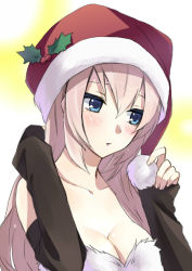 Rule 34 | 1girl, bad id, bad pixiv id, blue eyes, blush, breasts, cleavage, detached sleeves, fidgeting, hat, hijiki (hijikini), hijikini, large breasts, long hair, looking away, megurine luka, pink hair, santa hat, shy, sleeves past wrists, solo, vocaloid