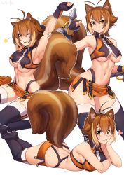 Rule 34 | 1girl, animal ear fluff, animal ears, antenna hair, armpits, ass, black thighhighs, blazblue, breasts, brown eyes, brown hair, closed mouth, dual wielding, fingerless gloves, gloves, hair between eyes, highres, holding, iwbitu, large breasts, looking at viewer, lying, makoto nanaya, microskirt, multiple views, navel, no shoes, on stomach, one eye closed, revealing clothes, short hair, sitting, skirt, squirrel ears, squirrel girl, squirrel tail, tail, thighhighs, tonfa, tongue, tongue out, weapon, white background