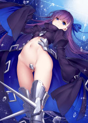 Rule 34 | 10s, 1girl, air bubble, arched back, armor, armored boots, backlighting, blue eyes, blush, boots, breasts, bubble, closed mouth, commentary request, crotch plate, eyelashes, fate/extra, fate/extra ccc, fate (series), from below, gluteal fold, hands in opposite sleeves, juliet sleeves, kodama yuu, long hair, long sleeves, looking at viewer, looking away, meltryllis (fate), navel, partially visible vulva, puffy sleeves, purple hair, revealing clothes, small breasts, smile, solo, sparkle, spikes, standing, stomach, thigh boots, thigh gap, thighhighs, thighs, tsurime, underwater, very long hair, waist cape