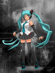Rule 34 | 1girl, bad id, bad pixiv id, black skirt, blue hair, blue necktie, breasts, detached sleeves, floating hair, fusion, hatsune miku, highres, large breasts, looking to the side, lum, moechiki, necktie, parody, red eyes, skirt, smile, solo, standing, style parody, takahashi rumiko (style), thighhighs, twintails, urusei yatsura, vocaloid