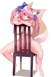Rule 34 | 1girl, animal ear fluff, animal ears, blue ribbon, blush, breasts, chair, commentary request, completely nude, fate/extra, fate (series), female pubic hair, fox ears, fox girl, fox tail, full body, hair ornament, hair ribbon, highres, large breasts, long hair, looking at viewer, nipples, nude, parted lips, pink hair, pubic hair, ribbon, simple background, sitting, sitting backwards, smile, solo, tail, tamamo (fate), tamamo no mae (fate/extra), thighs, twintails, white background, wisespeak, yellow eyes