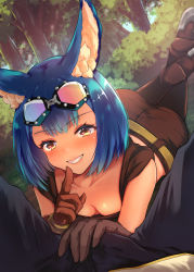 Rule 34 | 1boy, 1girl, animal ear fluff, animal ears, bare shoulders, belt, blue hair, blush, boots, breasts, brown footwear, brown gloves, brown shorts, bulge, calm mashiro, collarbone, downblouse, dutch angle, etrian odyssey, feet up, finger to mouth, forest, gloves, goggles, goggles on head, grin, hound (sekaiju), imminent fellatio, index finger raised, looking at viewer, medium breasts, nature, nose blush, on ground, outdoors, rabbit ears, sekaiju no meikyuu, sekaiju no meikyuu 5, short hair, shorts, shushing, smile, solo focus, tree, yellow eyes