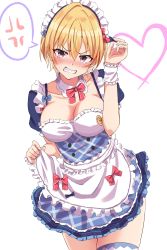 Rule 34 | 1girl, alternate breast size, alternate costume, anger vein, angry, apron, blonde hair, blue dress, blush, breasts, cleavage, commentary request, cowboy shot, cropped legs, detached collar, dress, enmaided, fangs, frilled apron, frilled dress, frills, hair between eyes, haruki (haruki678), heart, heart background, highres, idolmaster, idolmaster shiny colors, large breasts, lifting own clothes, maid, maid apron, maid headdress, name tag, nose blush, plaid, plaid dress, puffy short sleeves, puffy sleeves, saijo juri, short hair, short sleeves, solo, spoken anger vein, sweat, tagme, tears, thighhighs, v-shaped eyebrows, waist apron, white apron, white background, wrist cuffs, zettai ryouiki