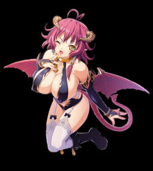 Rule 34 | 10s, 1girl, bare shoulders, blush, breasts, covered erect nipples, demon girl, demon tail, demon wings, fang, finger to mouth, garter belt, gloves, horns, huge breasts, kyonyuu fantasy, kyonyuu fantasy gaiden, official art, one eye closed, red hair, shamsiel shahar, solo, tail, wings, wink