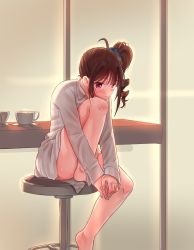 Rule 34 | 10s, 1girl, absurdres, ahoge, barefoot, blush, brown hair, closed mouth, collared shirt, cup, dress shirt, feet on chair, green nails, hair ornament, hair scrunchie, hands on feet, head rest, highres, idolmaster, idolmaster million live!, indoors, kamille (vcx68), knee up, looking at viewer, nail polish, naked shirt, no pants, own hands together, saucer, scrunchie, shirt, side ponytail, sitting, solo, stool, teacup, white shirt, window, wing collar, yokoyama nao
