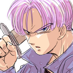 Rule 34 | 1boy, blue eyes, dragon ball, dragonball z, frown, looking away, male focus, miiko (drops7), purple hair, serious, short hair, simple background, solo, solo focus, sword, trunks (dragon ball), trunks (future) (dragon ball), weapon, white background