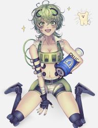 Rule 34 | 1girl, absurdres, apex legends, black gloves, breasts, cleavage, collarbone, crop top, fingerless gloves, genderswap, genderswap (mtf), gloves, goggles, goggles on head, green eyes, green hair, green nails, grey shorts, highres, holding, kila killer, looking at viewer, mechanical legs, medium breasts, medium hair, midriff, nail polish, navel, octane (apex legends), open mouth, sharp teeth, shorts, sitting, smile, solo, sparkle, teeth, wariza