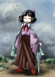 Rule 34 | 1other, absurdres, amanomiya jun, androgynous, aqua cape, baila kuangzi, black hair, blue sky, blue umbrella, brown skirt, cape, chinese commentary, closed eyes, closed mouth, collared shirt, commentary request, day, full body, hairband, highres, holding, holding umbrella, len&#039;en, long sleeves, neck ribbon, oil-paper umbrella, other focus, outdoors, purple sweater, red footwear, red ribbon, ribbon, shirt, skirt, sky, smile, solo, standing, sweater, umbrella, umbrella hair ornament, white hairband, white shirt, wide sleeves