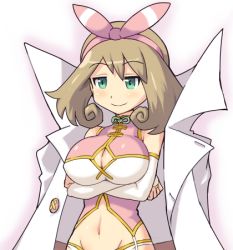 Rule 34 | 10s, 1girl, bad id, bad twitter id, bow, breast hold, breasts, brown hair, cleavage, cleavage cutout, clothing cutout, coat, cosplay, creatures (company), game freak, gold trim, green eyes, groin, hair bow, hair ribbon, haruka (senran kagura), haruka (senran kagura) (cosplay), huge breasts, lab coat, large breasts, lowres, may (pokemon), name connection, navel, ninja, nintendo, pokemoa, pokemon, ribbon, senran kagura, short hair, smile, solo