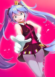 Rule 34 | 1girl, bad id, bad pixiv id, blue eyes, blue hair, crown, gloves, hand on own hip, hatsune miku, highres, kimagure mercy (vocaloid), long hair, matching hair/eyes, mini crown, pantyhose, pink background, pointing, solo, thigh gap, twintails, very long hair, vocaloid, white gloves, yani (nokori life1)