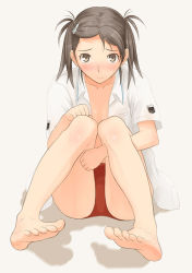 Rule 34 | 1girl, barefoot, blush, brown eyes, brown hair, face, feet, frown, open clothes, open shirt, shirt, simple background, sitting, solo, toes