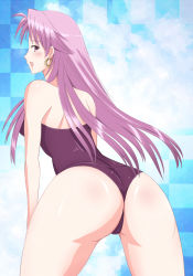 Rule 34 | 1girl, ass, back, bare shoulders, blush, breasts, celine jules, earrings, female focus, from behind, highres, huge ass, jewelry, large breasts, leaning, leaning forward, leotard, long hair, looking back, purple eyes, purple hair, shiny skin, shizufa, smile, solo, square enix, star ocean, star ocean the second story