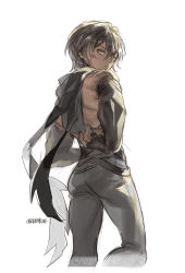 Rule 34 | 1boy, adoniszaf, ass, backless outfit, black gloves, closed mouth, dark skin, dark-skinned male, earrings, fingerless gloves, gloves, granblue fantasy, hood, jamil (granblue fantasy), jewelry, looking back, male focus, simple background, skin tight, sleeveless, solo, twitter username, very dark skin, white background, yellow eyes