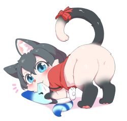 Rule 34 | animal ears, animal feet, animal nose, black fur, black hair, blush, body fur, bow, bowtie, cat, cat ears, cat tail, chis (js60216), furrification, furry, furry female, highres, kaban (kemono friends), kemono friends, looking at viewer, lucky beast (kemono friends), notice lines, pawpads, red shirt, shirt, short hair, smile, tail, two-tone fur, white fur
