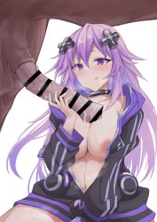Rule 34 | 1girl, :p, absurdres, adult neptune, animal penis, bar censor, bestiality, between legs, blush, bottomless, breasts, censored, choujigen game neptune, cleavage, collar, commission, hand between legs, highres, horse penis, jacket, large breasts, long hair, long sleeves, mkn yu, navel, neptune (neptunia), neptune (series), nipples, no bra, open clothes, open jacket, penis, purple eyes, purple hair, simple background, skeb commission, squatting, tongue, tongue out, very long hair, white background
