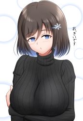 1girl absurdres arm_under_breasts black_sweater blue_eyes blush bob_cut breasts brown_hair hair_between_eyes hair_ornament head_tilt highres kiteman442 large_breasts long_sleeves looking_at_viewer original parted_lips ribbed_sweater short_hair snowflake_hair_ornament solo sweater swept_bangs turtleneck turtleneck_sweater upper_body white_background