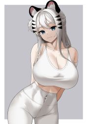 Rule 34 | 1girl, absurdres, animal ears, arms behind back, bare shoulders, blue eyes, breasts, commentary, english commentary, eyebrows hidden by hair, grey background, hair bun, highres, huge breasts, large breasts, light smile, navel, original, outside border, pants, sports bra, tewaki, thighs, tiger girl, tiger stripes, white hair, white pants, white sports bra, yoga pants