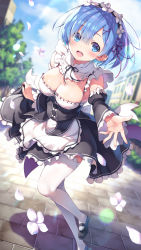 Rule 34 | 1girl, blue eyes, blue hair, blue sky, blurry, blurry background, blush, bow, bowtie, breasts, cleavage, cloud, cloudy sky, commentary request, day, detached sleeves, dress, frills, full body, hair ornament, highres, leg up, maid, medium breasts, open mouth, outdoors, petals, re:zero kara hajimeru isekai seikatsu, rem (re:zero), shoes, short hair, skirt hold, sky, smile, solo, sunlight, thighhighs, tomose shunsaku, white thighhighs, wide sleeves, x hair ornament