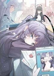 Rule 34 | 4girls, black hair, blue archive, blue eyes, blush, cellphone, cheating (relationship), formal, grey hair, halo, highres, koyuki (blue archive), long hair, long sleeves, looking at viewer, mechanical halo, movik, multiple girls, noa (blue archive), paper, phone, pink hair, purple eyes, purple hair, red eyes, rio (blue archive), seminar (blue archive), smartphone, suit, twintails, two side up, yuuka (blue archive)