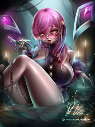 Rule 34 | 1girl, bare shoulders, black thighhighs, blush, breasts, evelynn (league of legends), fang, fantasy, game arts, glasses, hair between eyes, k/da (league of legends), k/da evelynn, large breasts, league of legends, long hair, looking at viewer, mumeaw, open mouth, purple hair, self-upload, sitting, smile, solo, thighhighs, tongue, weapon, yellow eyes