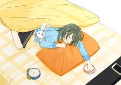 Rule 34 | 1girl, absurdres, alarm clock, bed, black shorts, blue bow, blue shirt, blush stickers, bow, cellphone, clock, closed eyes, grey hair, highres, long sleeves, lying, messy hair, on stomach, original, pajamas, parted lips, phone, pillow, sako (35s 00), shirt, short hair, shorts, sleeping, smartphone, solid circle eyes, solo, stuffed animal, stuffed rabbit, stuffed toy, under covers