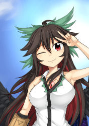 Rule 34 | 1girl, absurdres, abyss arts, ahoge, arm cannon, arm up, armpits, bird wings, black hair, black wings, bow, breasts, cape, cleavage, closed mouth, collared shirt, colored inner hair, commentary request, control rod, green bow, hair between eyes, hair bow, highres, large breasts, long hair, looking at viewer, multicolored hair, one eye closed, red eyes, red hair, reiuji utsuho, shirt, sleeveless, sleeveless shirt, smile, solo, starry sky print, third eye, touhou, upper body, v, weapon, white cape, white shirt, wings