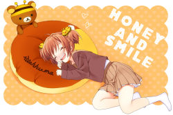 Rule 34 | 1girl, blush, brown hair, closed eyes, heart, lying, open mouth, piyodera mucha, skirt, smile, solo