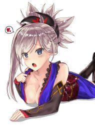 Rule 34 | 1girl, black thighhighs, blue eyes, blush, breasts, cleavage, detached sleeves, earrings, fate/grand order, fate (series), hair ornament, heart, highres, japanese clothes, jewelry, kimono, large breasts, looking at viewer, lying, miyamoto musashi (fate), open mouth, pink hair, ponytail, smile, solo, speech bubble, thighhighs