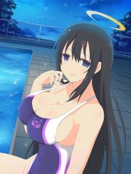 Rule 34 | 1girl, angel halo, bare legs, bare shoulders, black hair, blue eyes, breasts, cleavage, halo, hand on own face, highres, large breasts, long hair, looking at viewer, night, official art, pool, ryouki (senran kagura), school swimsuit, senran kagura, sideboob, sitting, smile, solo, swimsuit, wet, wet clothes, wet swimsuit, yaegashi nan