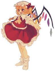 Rule 34 | 1girl, ascot, blonde hair, breasts, collared shirt, commentary, english commentary, flandre scarlet, frilled shirt collar, frilled skirt, frilled sleeves, frills, full body, happy, hat, highres, malan, medium hair, mob cap, no shoes, one side up, open mouth, outstretched arms, puffy short sleeves, puffy sleeves, red eyes, red skirt, red vest, shirt, short sleeves, simple background, skirt, skirt set, small breasts, socks, solo, spread arms, standing, t-pose, teeth, touhou, upper teeth only, vest, white background, white hat, white shirt, white socks, yellow ascot