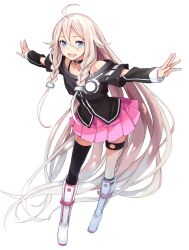 Rule 34 | 1girl, absurdly long hair, ahoge, asymmetrical legwear, black camisole, black choker, black shirt, black thighhighs, blue eyes, braid, camisole, choker, commentary request, crop top, full body, hair between eyes, highres, ia (vocaloid), kneehighs, leaning forward, long hair, long sleeves, looking at viewer, off-shoulder shirt, off shoulder, open mouth, outstretched arms, pink skirt, pleated skirt, shirt, simple background, single kneehigh, single sock, single thighhigh, skirt, smile, socks, solo, spread arms, standing, striped clothes, striped socks, thigh strap, thighhighs, toromera, twin braids, very long hair, vocaloid, white background, white hair