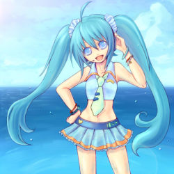 Rule 34 | 1girl, ahoge, bad id, bad pixiv id, blue eyes, blue hair, bracelet, female focus, hand on own hip, hatsune miku, headset, hip focus, jewelry, long hair, matching hair/eyes, midriff, necktie, ocean, outdoors, skirt, sky, solo, twintails, vocaloid, water, yashi tg