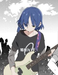 1girl black_shirt blue_hair bocchi_the_rock! chinese_commentary closed_mouth cloud commentary_request cowboy_shot electric_guitar eyes_visible_through_hair fingernails grey_sky grey_sleeves guitar hair_ornament hairclip highres instrument layered_sleeves light_particles light_smile long_sleeves loose_hair_strand mole mole_under_eye parted_bangs people playing_guitar shirt short_hair short_over_long_sleeves short_sleeves sky solo sweat t-shirt timme yamada_ryo yellow_eyes