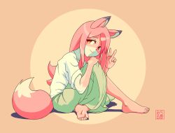 Rule 34 | 1girl, absurdres, animal ears, animal nose, artist name, bad id, bad pixiv id, barefoot, body fur, brand new animal, feet, fox ears, fox girl, fox tail, full body, furry, furry female, green skirt, hand on own knee, highres, hiwatashi nazuna, long hair, long skirt, looking at viewer, michirutnk, multicolored fur, on ground, orange background, pink fur, pink hair, red eyes, shadow, shirt, skirt, snout, soles, solo, tail, toes, two-tone background, v, white fur, white shirt, yellow background