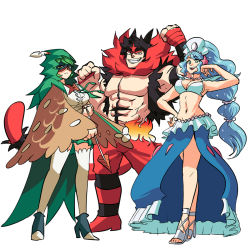Rule 34 | 1boy, 2girls, animal ears, arm up, armpits, bandaged hand, bandages, bikini, bikini top only, black hair, blue eyes, blue hair, boots, capelet, cat boy, cat ears, cat tail, clenched hands, commentary, creatures (company), decidueye, detached sleeves, english commentary, eye mask, full body, fur collar, game freak, gen 7 pokemon, green eyes, grin, hand up, height difference, high heels, highres, hood, hood up, hooded capelet, incineroar, long hair, long sleeves, looking at viewer, mask, multicolored eyes, multiple girls, muscular, muscular male, navel, nintendo, open clothes, open vest, pectorals, personification, pokemon, primarina, red eyes, shoes, short hair, skirt, smile, starter pokemon trio, stomach, stomach tattoo, swimsuit, tail, tattoo, thighhighs, tina fate, very long hair, vest, wide sleeves, yellow eyes