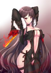 Rule 34 | 1girl, absurdres, breasts, brown background, brown hair, center opening, cleavage, collarbone, cowboy shot, fate/grand order, fate (series), flaming sword, flaming weapon, fur trim, gradient background, highres, large breasts, long hair, long sleeves, navel, no bra, no panties, red eyes, solo, very long hair, yu mei-ren (fate), zeroblood