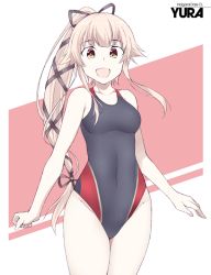 Rule 34 | 1girl, :d, bare shoulders, blush, breasts, character name, collarbone, competition swimsuit, covered navel, cowboy shot, green eyes, groin, hair flaps, hair ribbon, kantai collection, long hair, looking at viewer, medium breasts, one-piece swimsuit, open mouth, pink hair, ponytail, ribbon, shigino sohuzi, smile, solo, swimsuit, very long hair, yura (kancolle)
