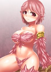 Rule 34 | 1girl, armband, blush, breasts, claws, cleavage, feathers, harigane shinshi, harpy, highres, large breasts, monster girl, navel, nude, original, pink background, pink hair, red eyes, short hair, simple background, sitting, solo, wings